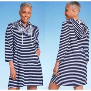 NWT‎ Lands' End Striped V-Neck Terry Hooded Swimsuit Cover Up Dress Blue XS